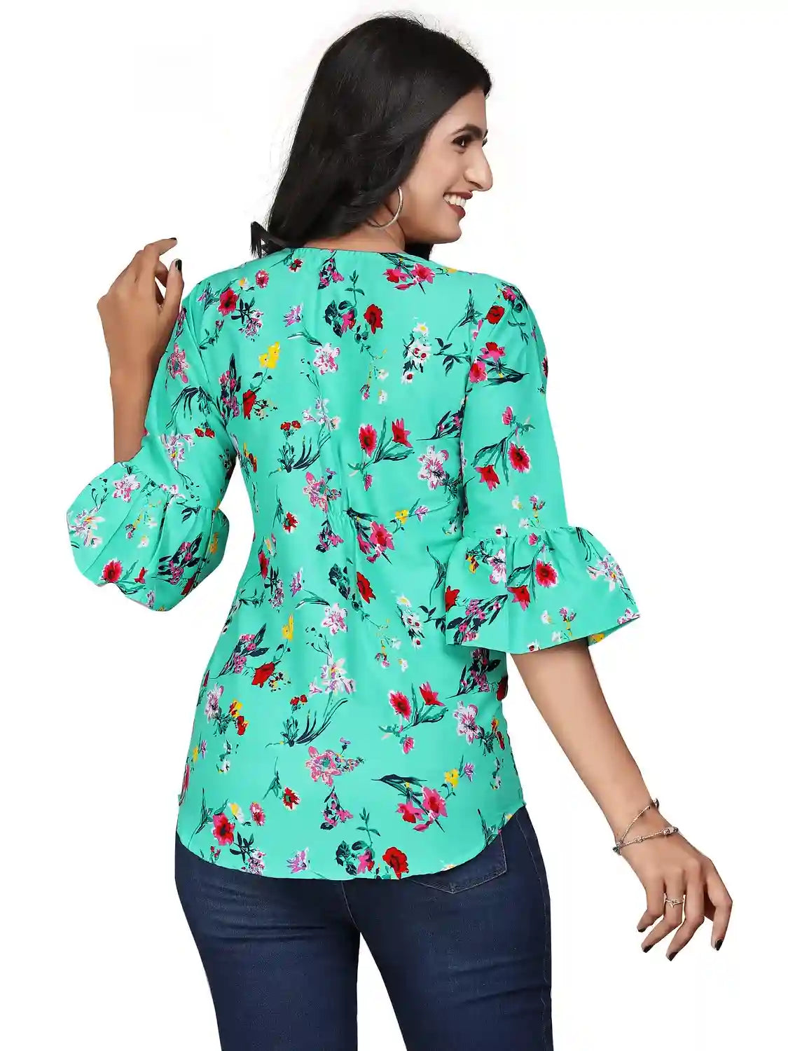 Zelzis women’s light blue bell sleeve crepe tunic for casual wear
