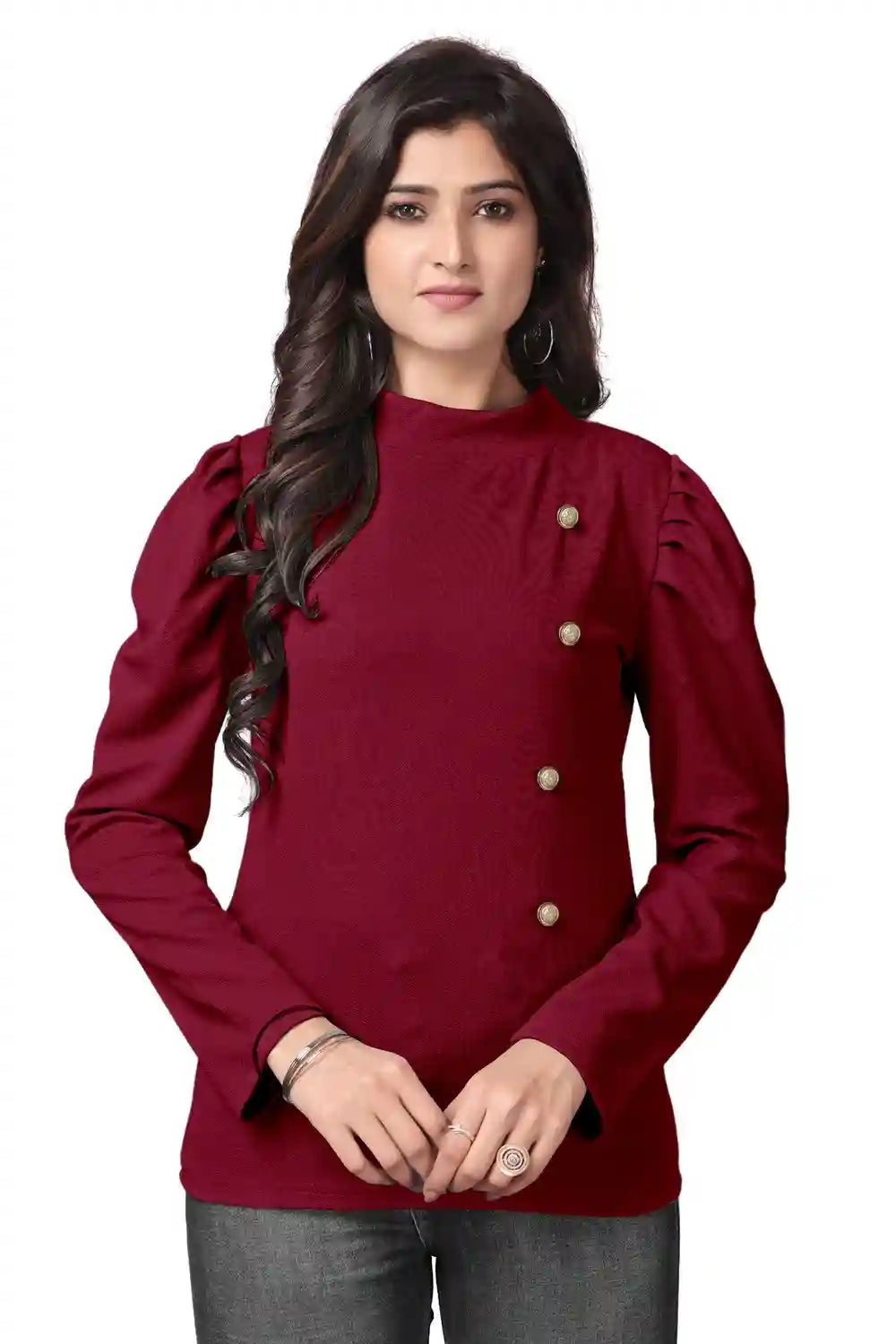 Zelzis women's maroon trendy puff sleeve polyester t-shirt
