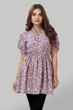 Zelzis women's peach floral tie-up neck solid crepe ruffle top
