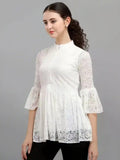 Zelzis women’s white casual top with coding net and crepe lining
