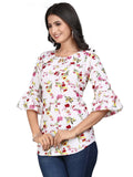 Zelzis women's white crepe tunic with floral print and round neck
