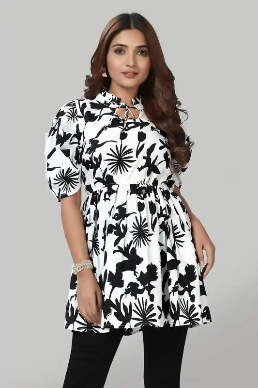 Zelzis women's white floral tie-up neck solid crepe ruffle top
