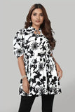Zelzis women's white floral tie-up neck solid crepe ruffle top
