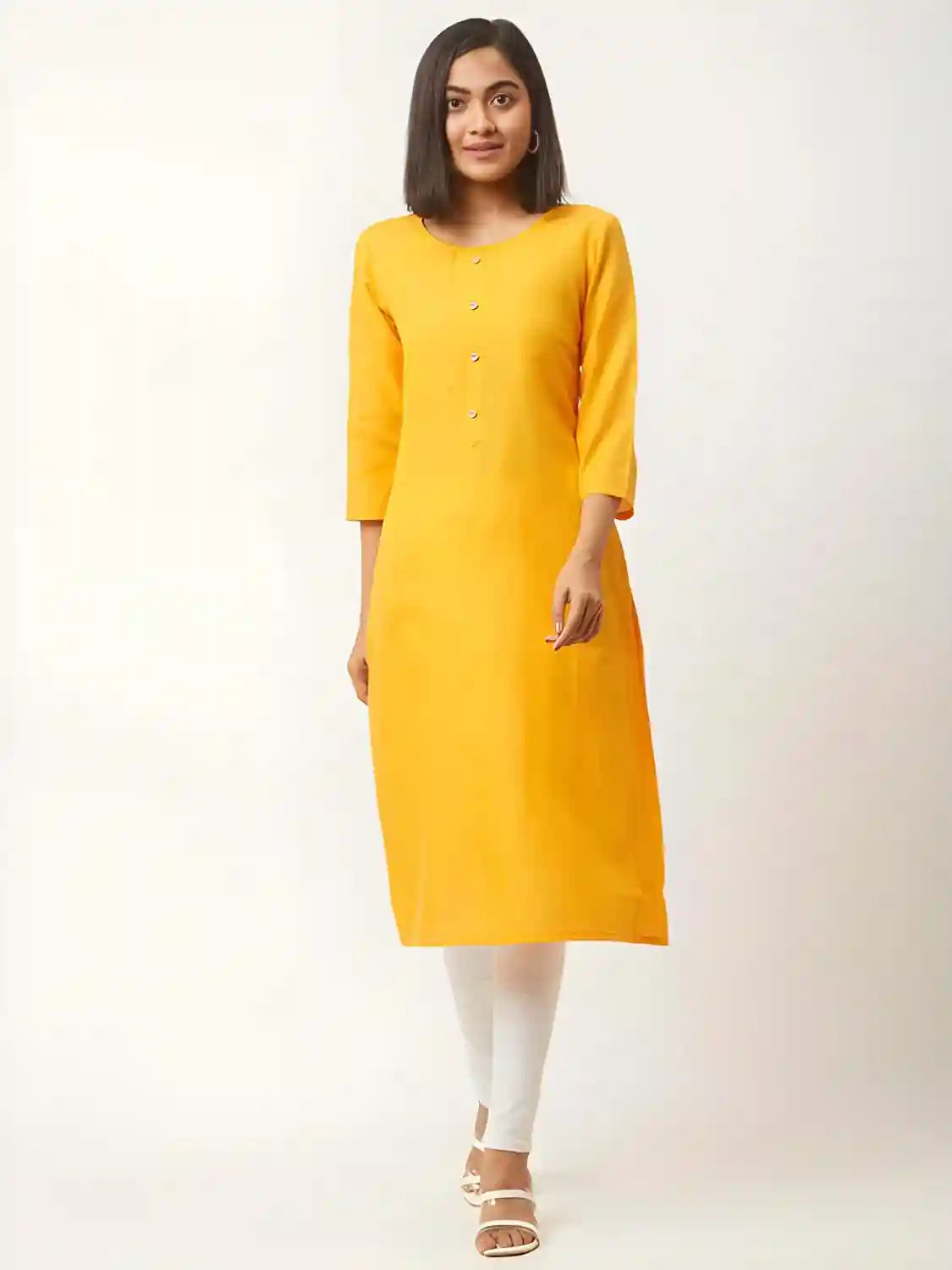 Zelzis women's yellow collar neck cotton kurti
