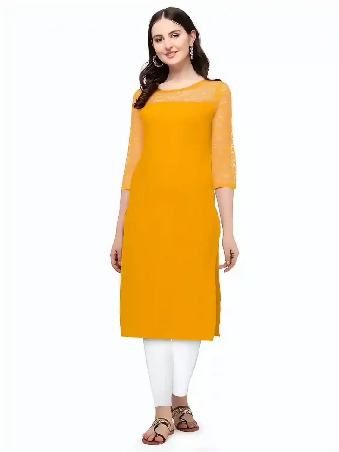 Zelzis women's yellow round neck crepe kurtis
