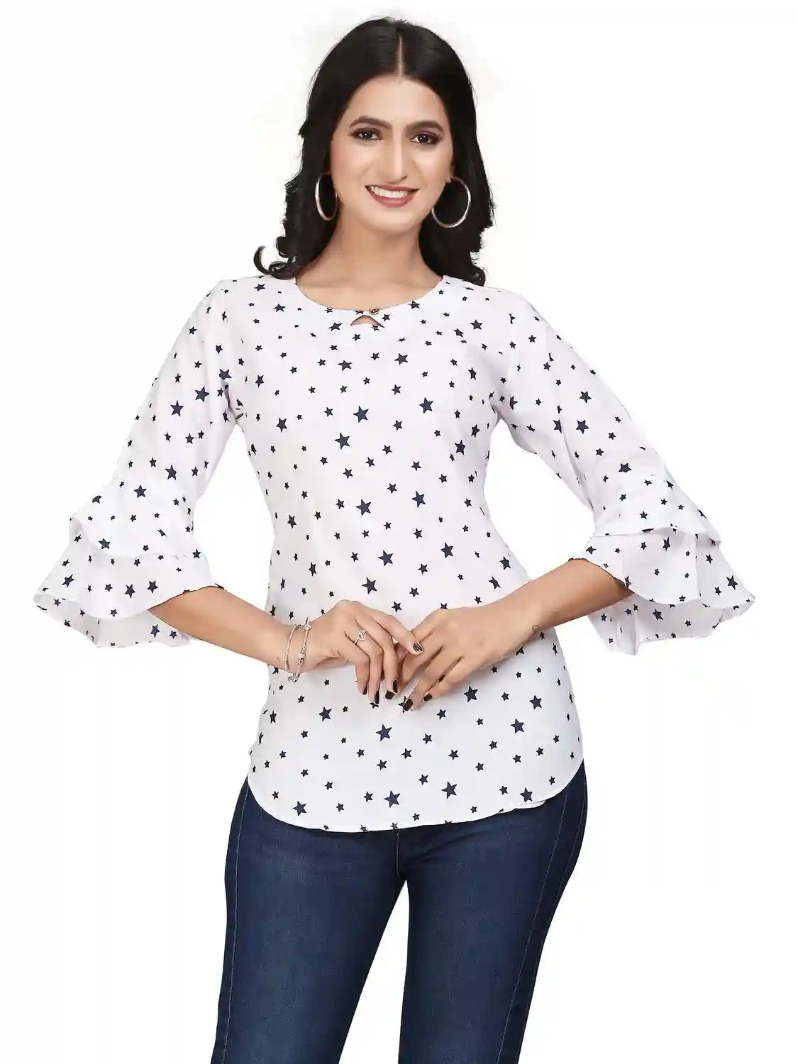 Zelzis women white star printed bell sleeve crepe tunic top
