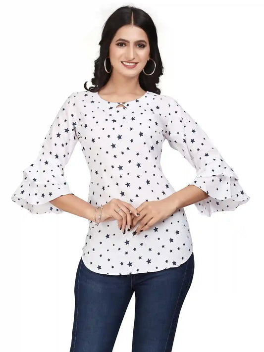 Zelzis women white star printed bell sleeve crepe tunic top
