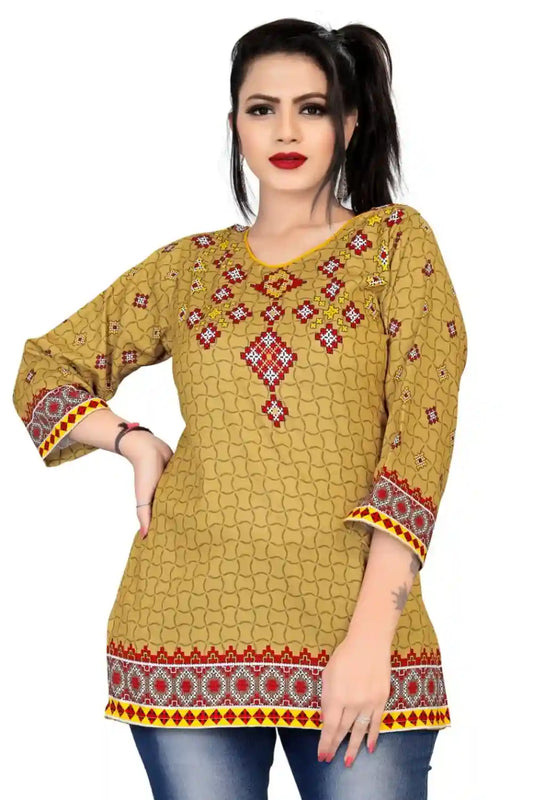 Zelzis women yellow rayon digital printed tunic top

