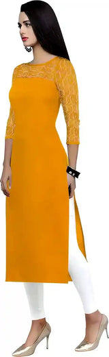 Zelzis yellow round neck crepe kurtis for daily use
