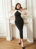 Black solid polyester bodycon dress with ankle length and halter neck

