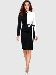 Black & White Colourblock With Comfortable Belt Polyester Bodycon Dress