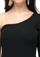 Black one shoulder knee-length polyester dress for casual & party wear by ZELZIS

