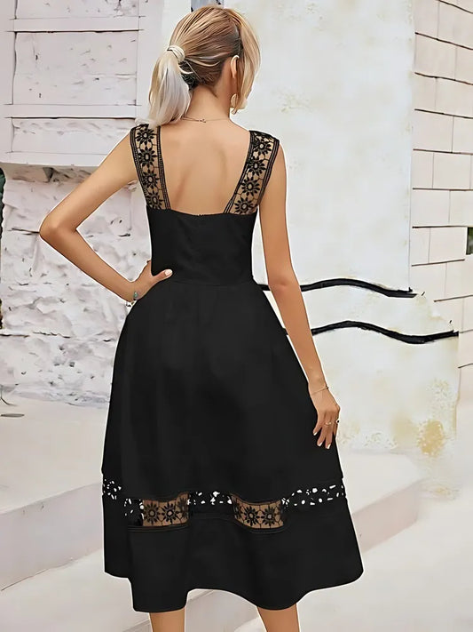 Black crepe and lace crochet wide strap party dress