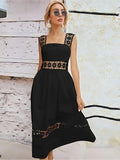 Black wide strap party wear dress with crepe and lace