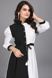 Black pure cotton colourblock casual & party wear fit & flare dress with comfortable belt by ZELZIS

