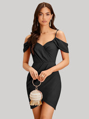 black-shoulder-strap-party-wear-polyester-knee-length-dress