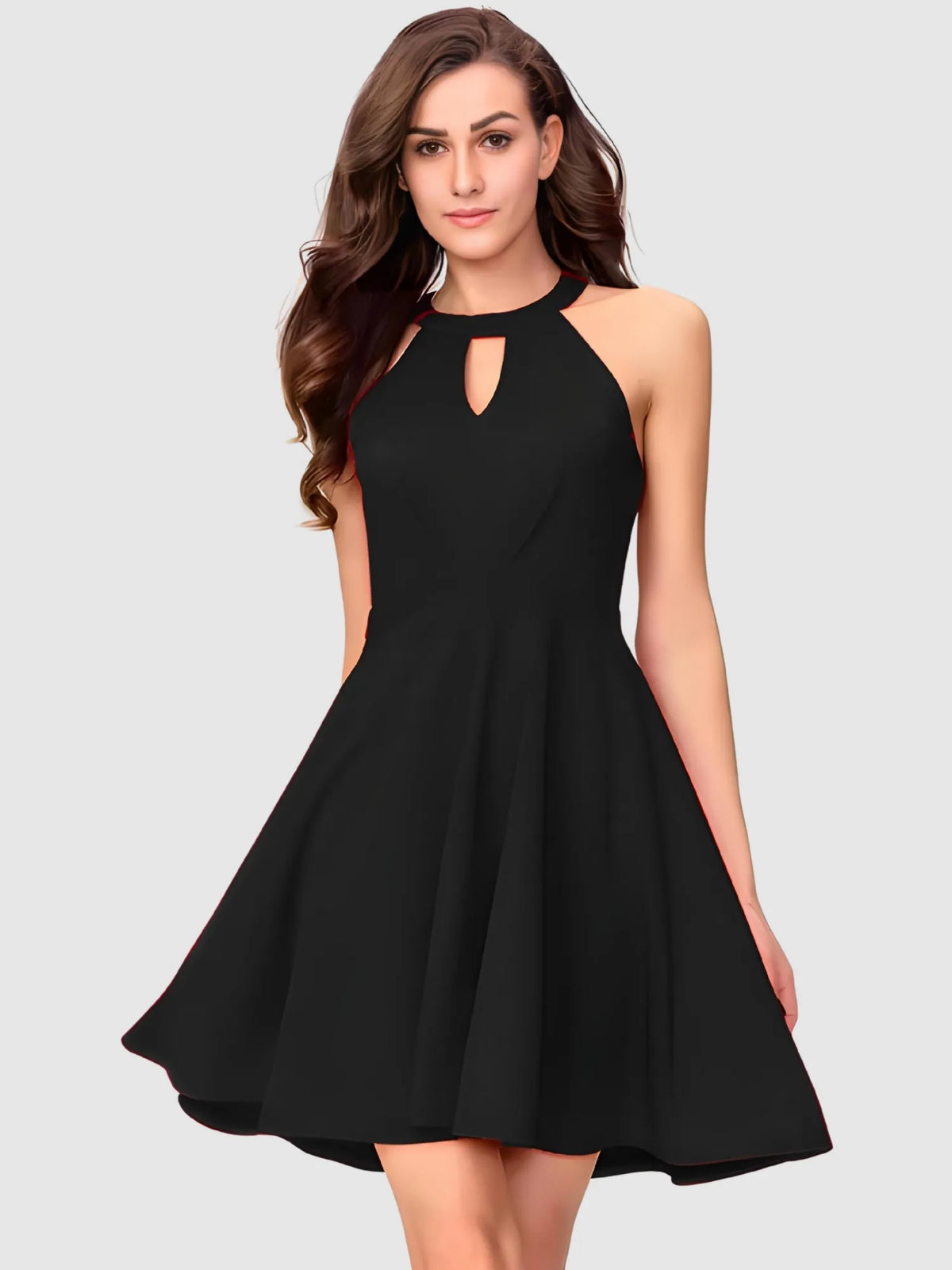 black-solid-fit-and-flare-polyester-sleeveless-wrap-dress