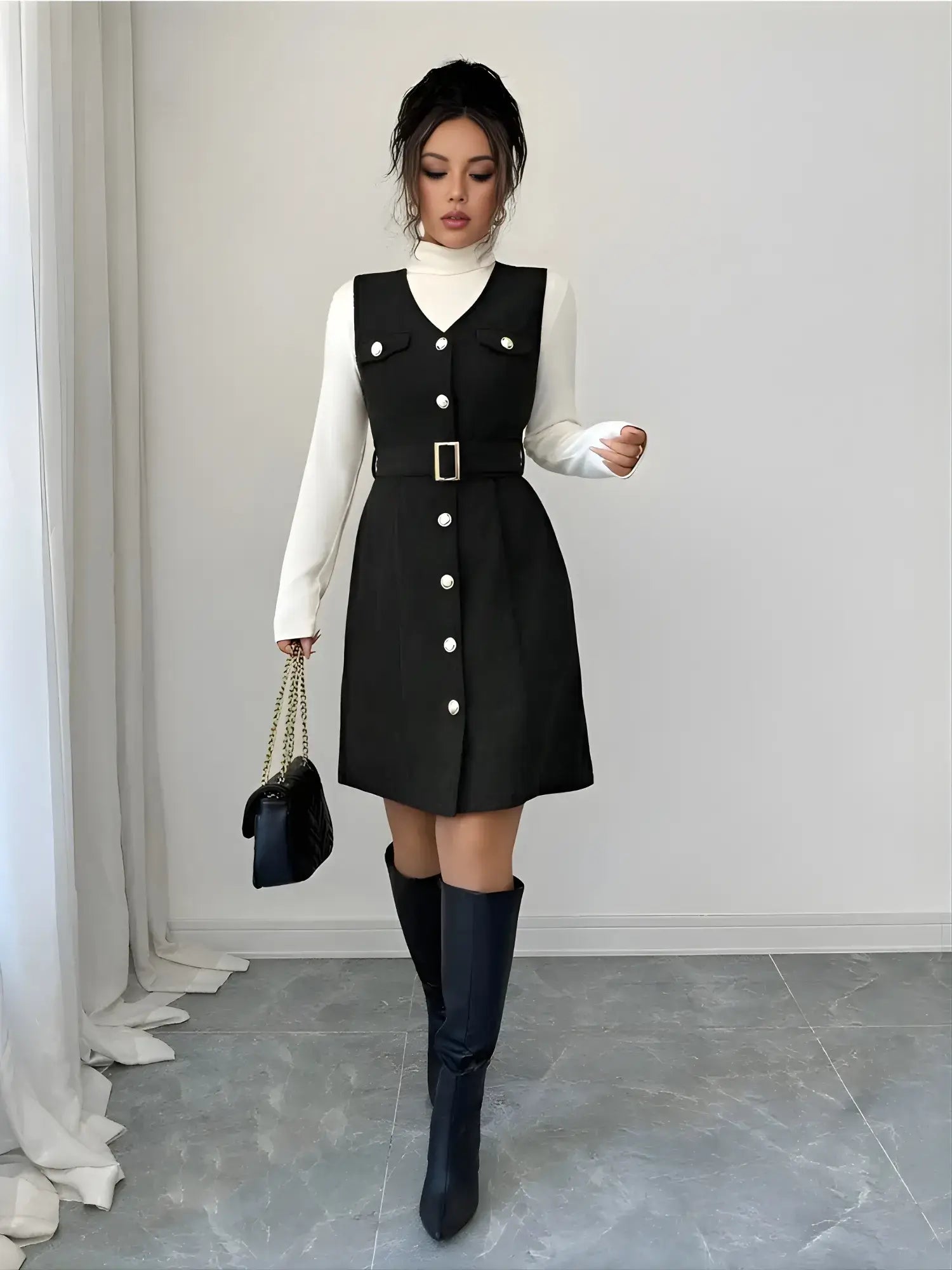Woman wearing a black dress with white buttons, white turtleneck, and black knee-high boots against a plain background.