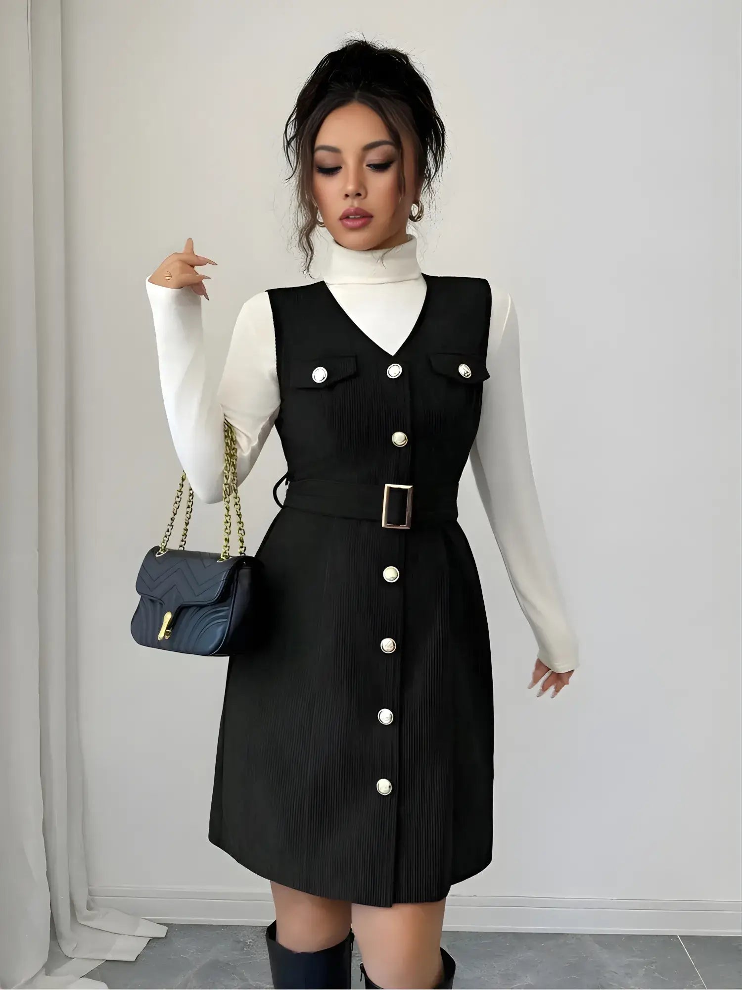 Woman wearing a black dress with white buttons and holding a blue handbag against a white background
