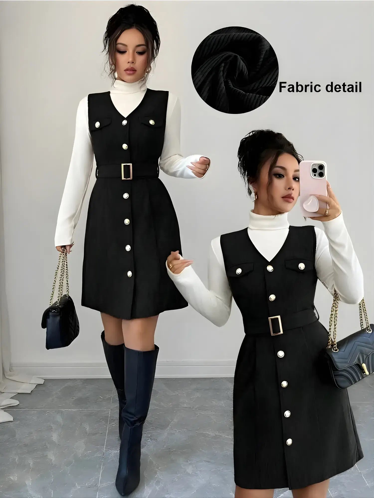 Woman wearing a black dress with white buttons, holding a phone and a handbag, with fabric detail shown.