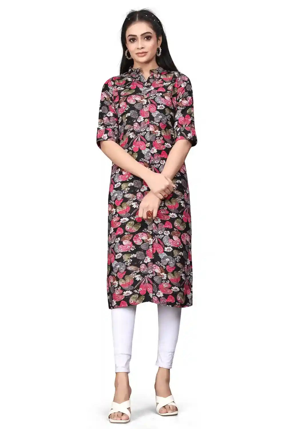 black floral rayon kurti for women
