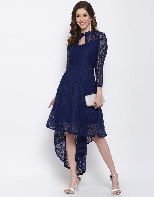 Blue coding net with inner high-low knee/maxi length dress by ZELZIS

