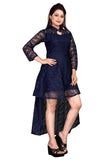 Stylish blue flower net high low dress for women