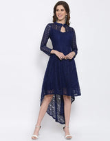 Blue coding net with crepe inner high-low dress with machine wash

