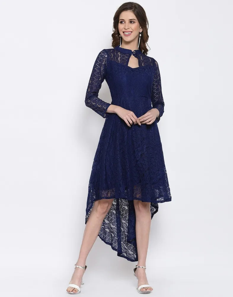 Blue coding net with crepe inner high-low dress with machine wash

