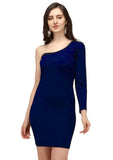 Blue one shoulder solid knee-length polyester dress for women

