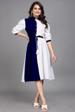 Blue pure cotton colourblock fit & flare dress with full sleeves and inner

