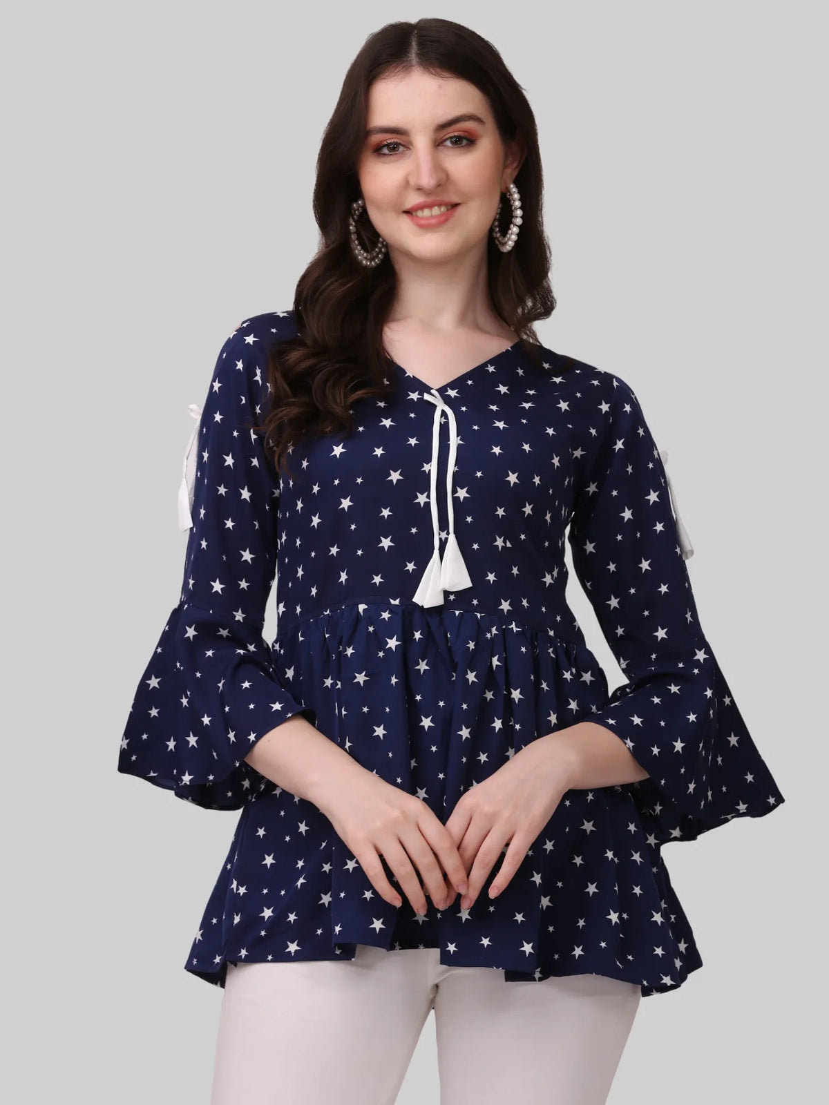 Blue Star Printed Fency Cutout Tunic Tops