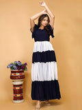 Blue and white colourblocked solid crepe maxi dress with V neck

