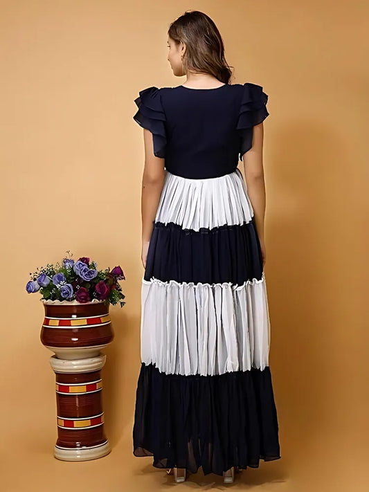 Stylish blue and white maxi dress with V neck for casual and party wear

