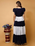 Stylish blue and white maxi dress with V neck for casual and party wear

