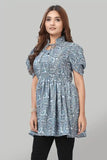 blue floral crepe tie-up neck solid ruffle top for women
