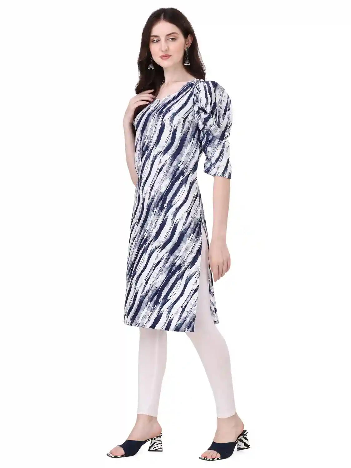 blue mix trendy puff sleeve crepe kurti for women
