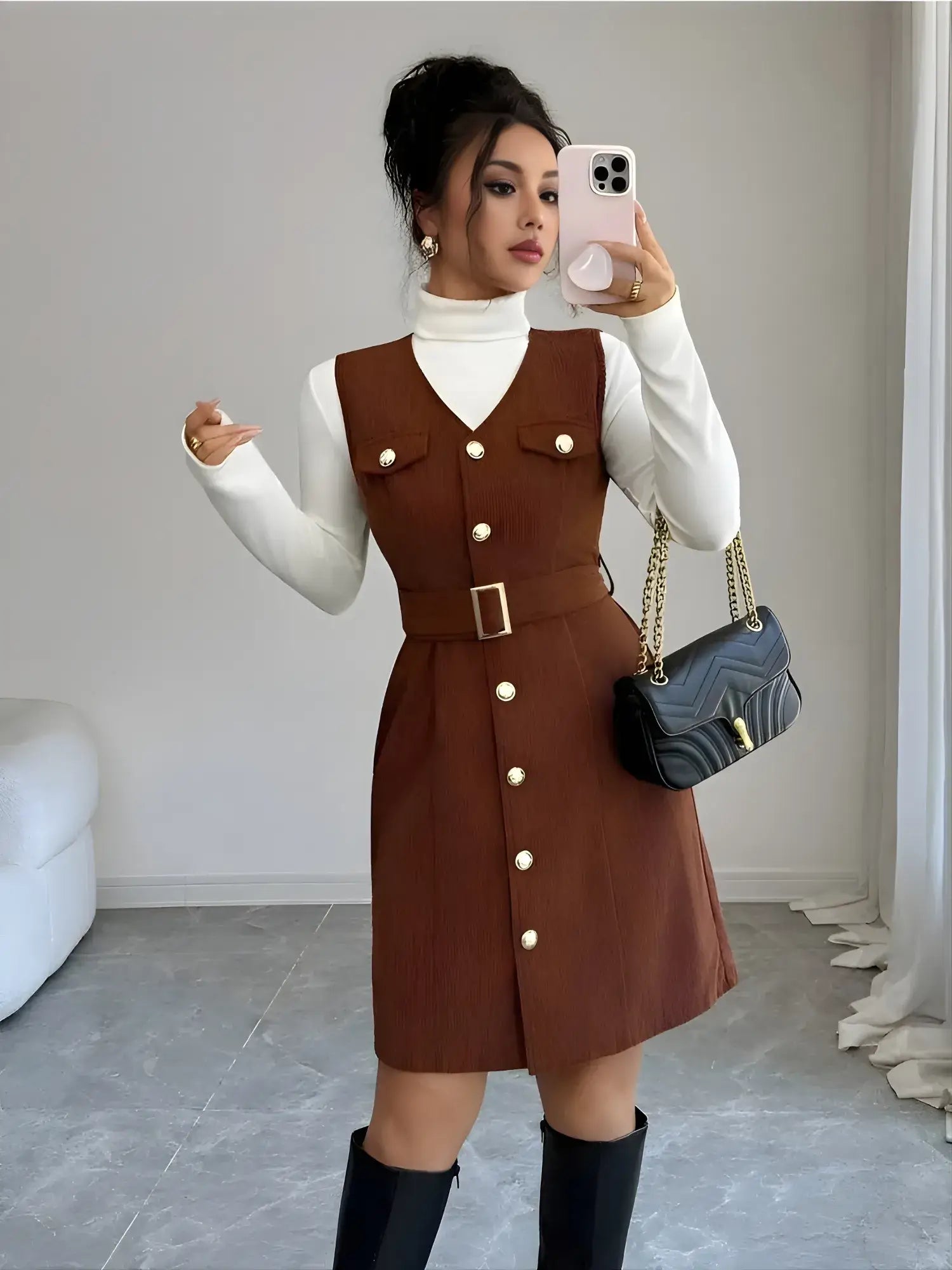 Woman taking a mirror selfie wearing a brown dress with white buttons, white turtleneck, and black knee-high boots.