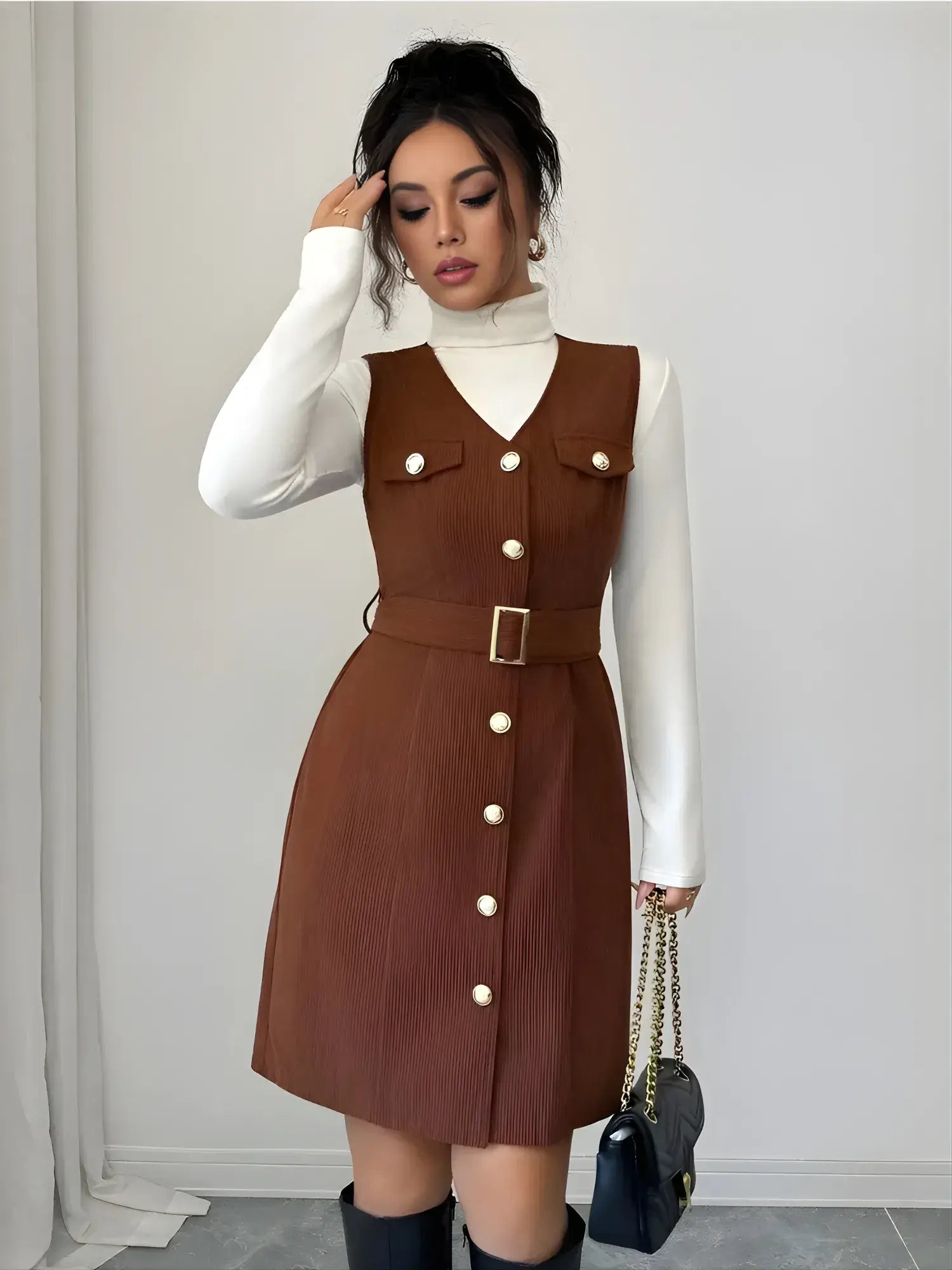 Woman wearing a brown dress with white buttons against a plain background