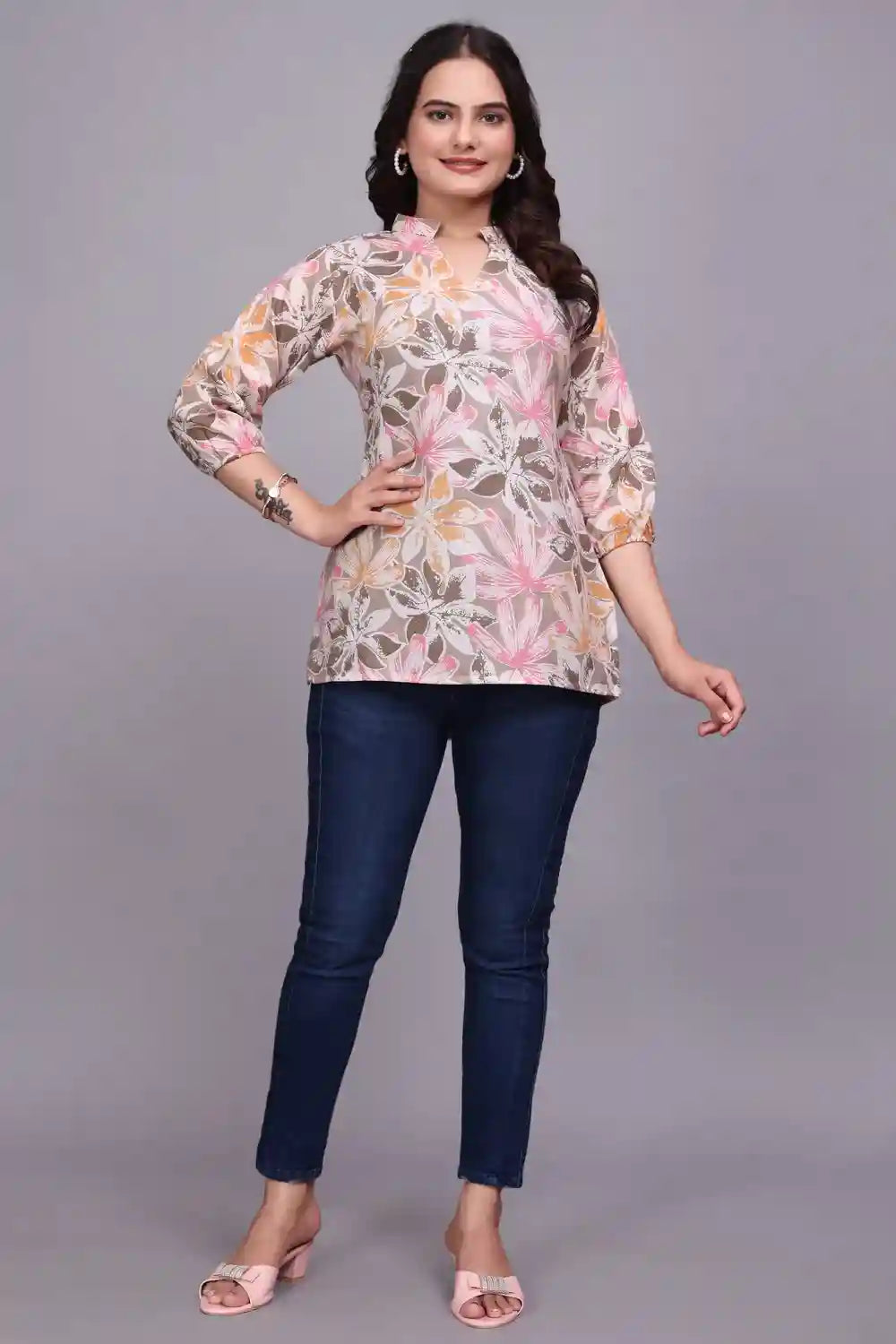 brown floral cotton tunic top for women perfect for casual wear
