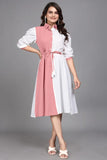 Caif-length pink pure cotton colourblock dress with round collar neck

