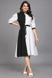 Casual and party wear black cotton fit & flare dress with colourblock pattern

