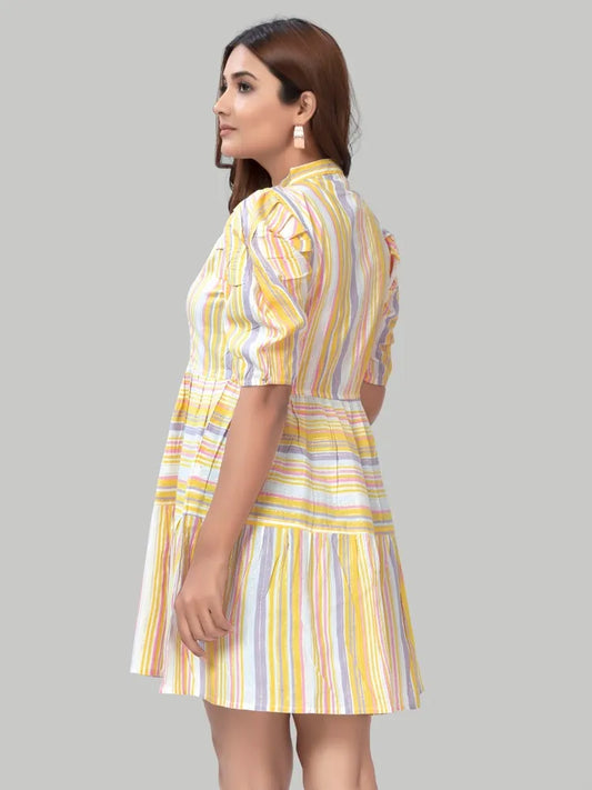 Chic yellow stripe fit and flare cotton dress for women

