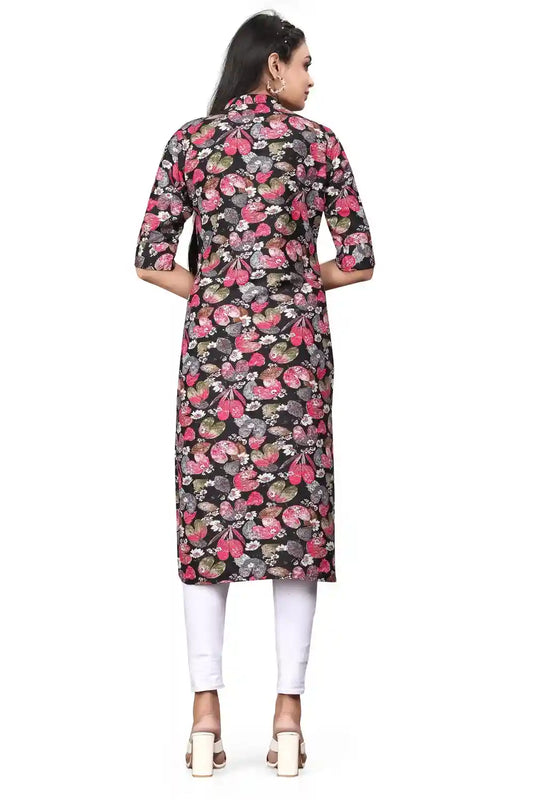 chic black floral rayon kurti for party and casual wear
