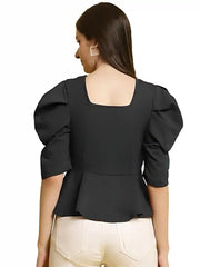 chic black square neck polyester top with short sleeves
