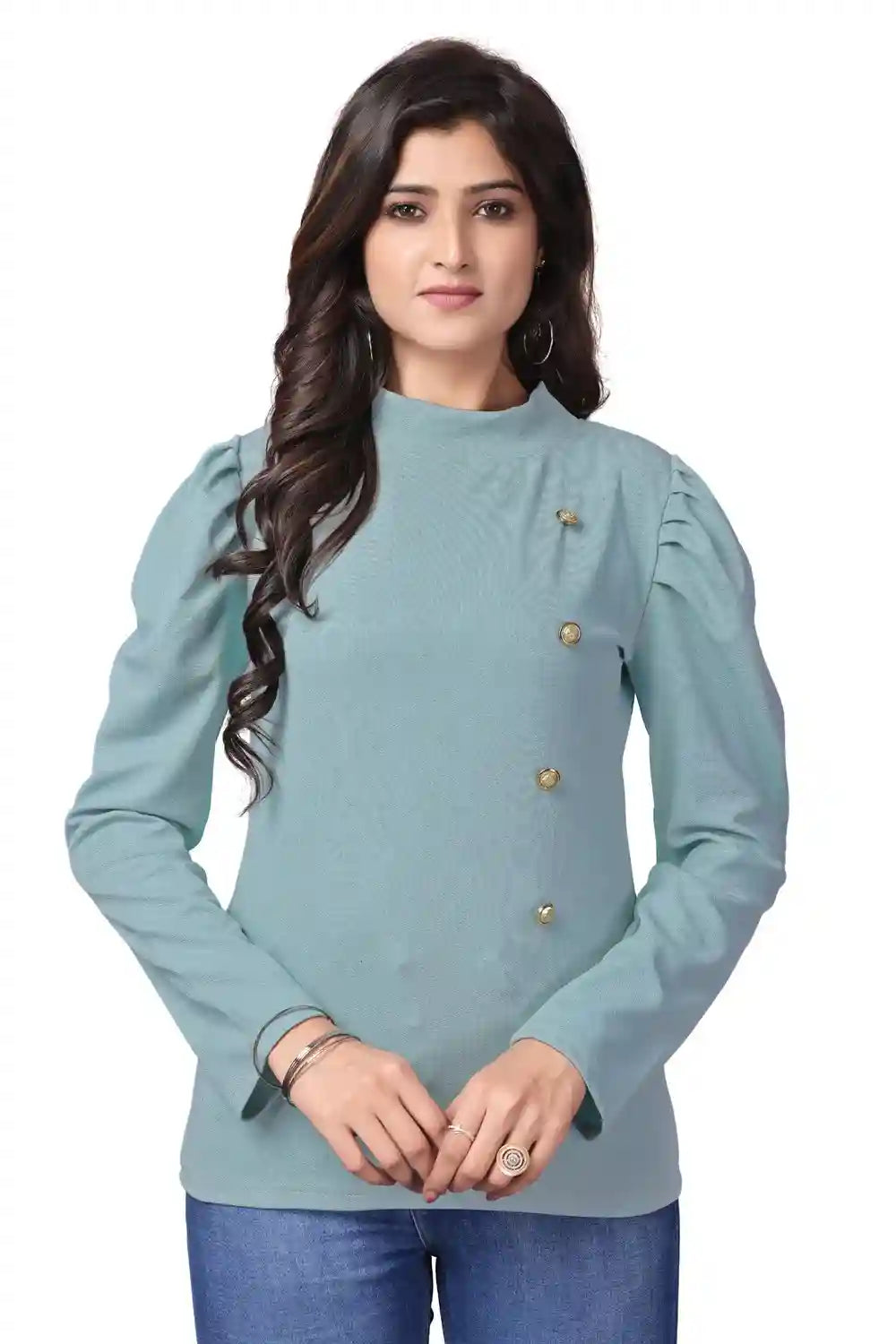 chic light green polyester t-shirt with trendy puff sleeve style
