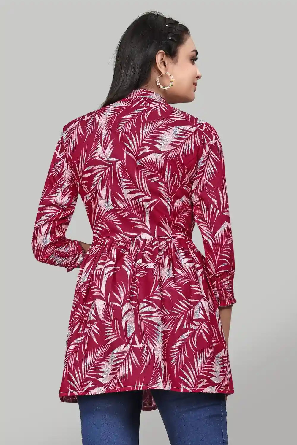chic maroon leaf print tunic top in rayon for casual and party wear
