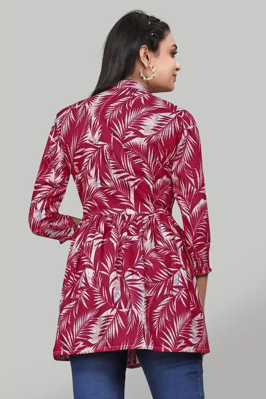 chic maroon leaf print tunic top in rayon for casual and party wear
