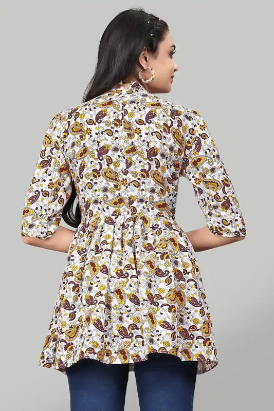 chic yellow mango floral crepe tunic with three-quarter sleeves
