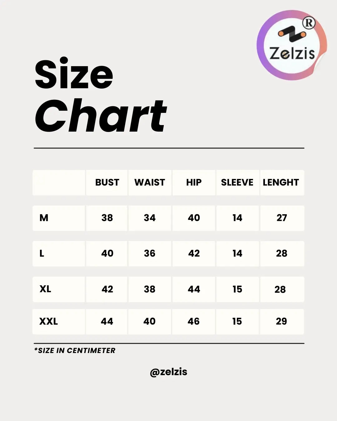 Size chart for clothing with Zelzis logo on a white background